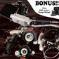 Automotive parts including a turbocharger and intercooler with a 'BONUS' offer for a Defi 10 in 1 Gauge Setup on a dark background.