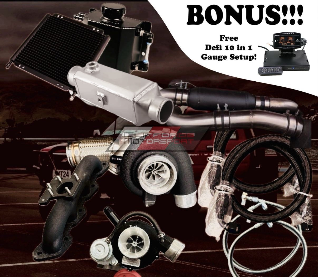 Automotive parts including a turbocharger and intercooler with a 'BONUS' offer for a Defi 10 in 1 Gauge Setup on a dark background.